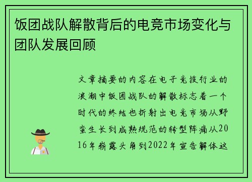 饭团战队解散背后的电竞市场变化与团队发展回顾