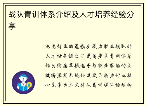 战队青训体系介绍及人才培养经验分享